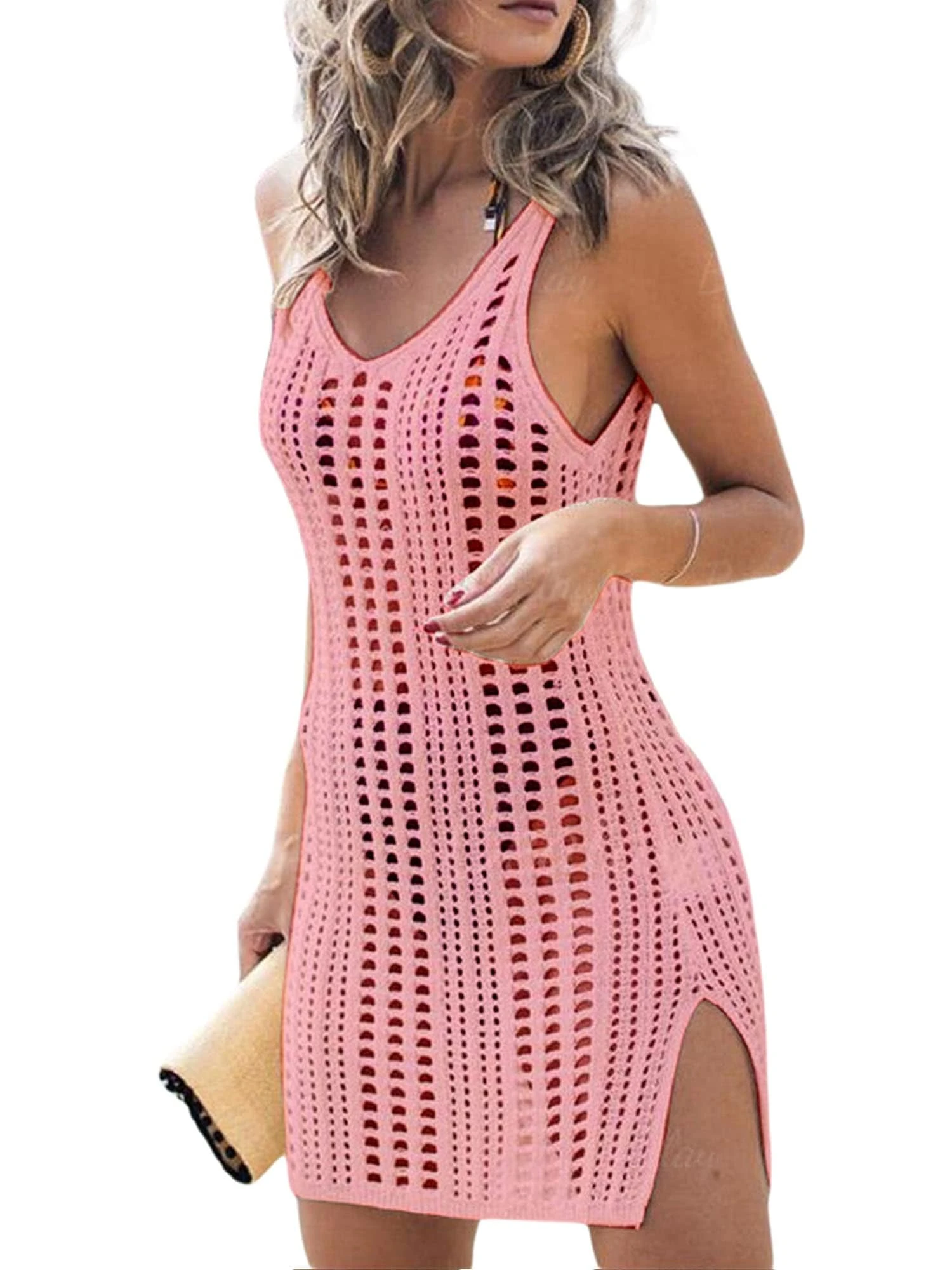 Qianderer Women Crochet Cover Up Beach Dress Swimsuit Bikini Cover Ups Bathing Suit Hollow Out Cover Up Beachwear (Bd Pink, M)