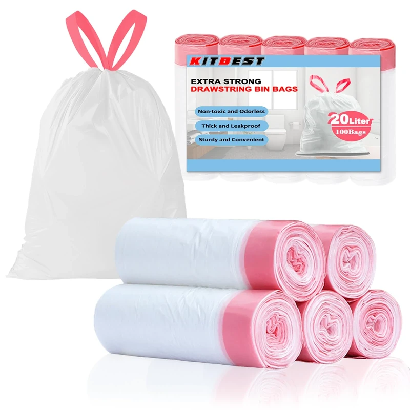 20L Bin Bags, KITBEST 100 Counts Drawstring Bin Liners with Tie Handle, Strong Trash Garbage Rubbish Bags for Bathroom pedal Bin, Kitchen Office Waste Paper Bin (100 Liners, White)