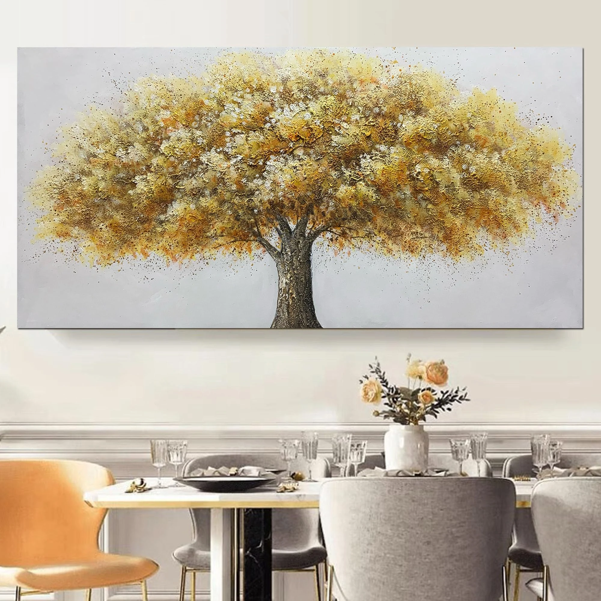 Yotree Paintings, 24x48 Inch Paintings Oil Hand Painting Bronze-gray Tree Painting 3D Hand-Painted On Canvas Abstract Artwork Art Wood Inside Framed Hanging Wall Decoration Abstract Wall Art (Yellow)