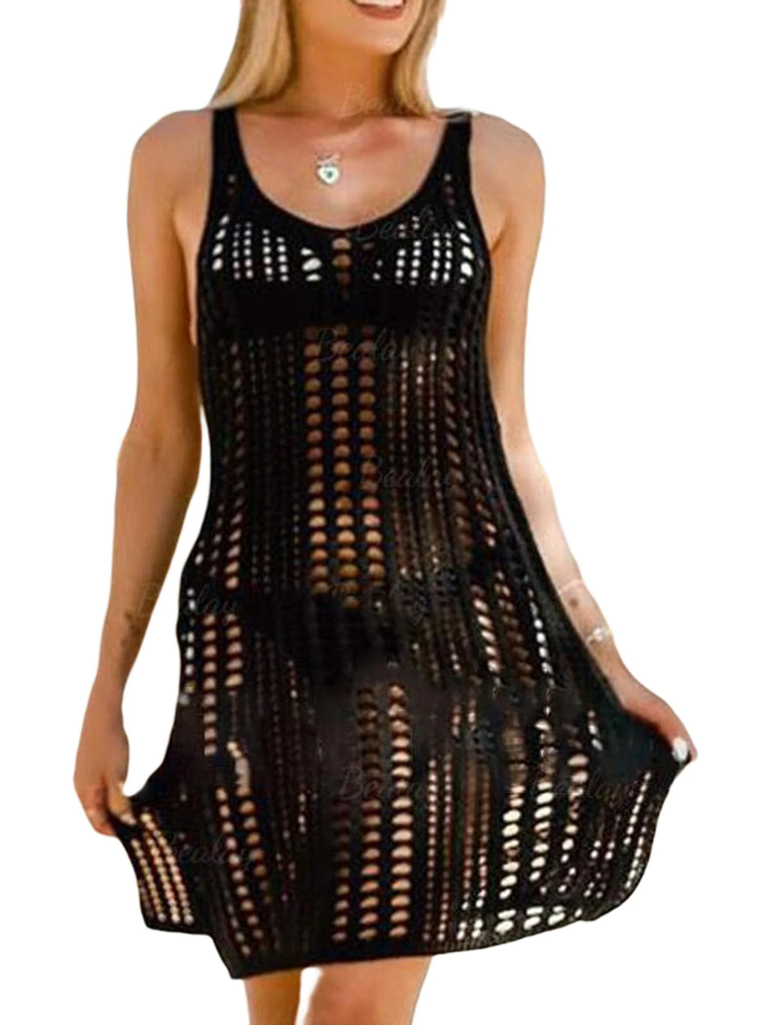 Qianderer Women Crochet Cover Up Beach Dress Swimsuit Bikini Cover Ups Bathing Suit Hollow Out Cover Up Beachwear (Bb Black, M)