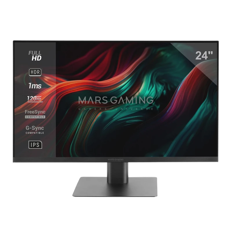 Mars Gaming MV-24, Monitor 24’ IPS FHD 120Hz, HDR10 1ms, FreeSync and G-SYNC, PC Monitor with Built-in Speakers, 25° Tilt, Low Blue Light and Flicker Free, HDMI + DisplayPort + 3.5mm Jack, Black