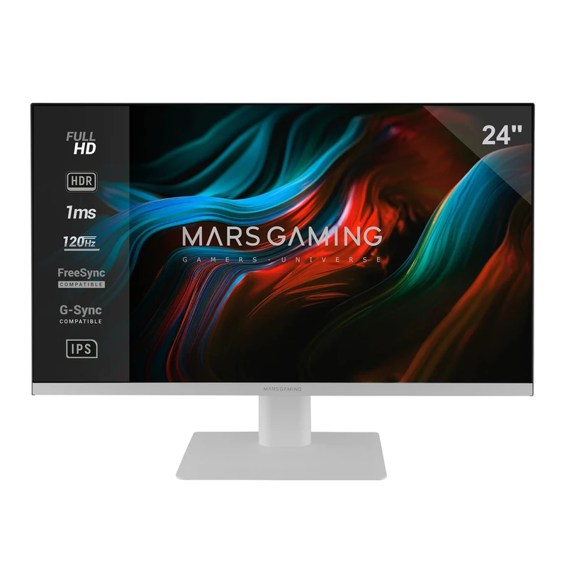Mars Gaming MV-24, Monitor 24’ IPS FHD 120Hz, HDR10 1ms, FreeSync and G-SYNC, PC Monitor with Built-in Speakers, 25° Tilt, Low Blue Light and Flicker Free, HDMI + DisplayPort + 3.5mm Jack, White