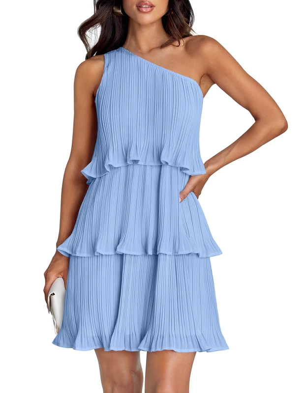 ZESICA Women's 2025 Summer Sleeveless Mini Dress Boho One Shoulder Ruffle Tiered Layered Chiffon Flowy A Line Dresses, Lightblue, S