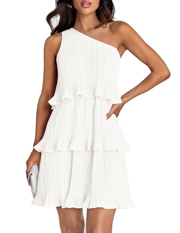ZESICA Women's 2025 Summer Sleeveless Mini Dress Boho One Shoulder Ruffle Tiered Layered Chiffon Flowy A Line Dresses, White, M