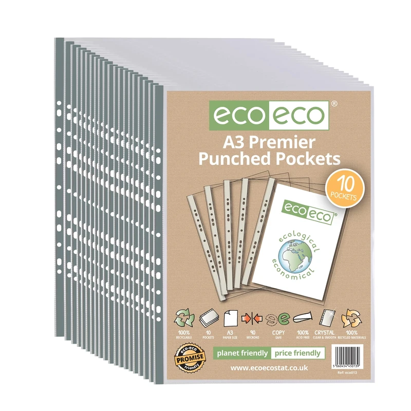 eco-eco A3 Portrait 100% Recycled Premier Multi Punched Pockets Glass Clear, Transparent Poly Wallet Sheet Protector, 90 Microns (Pack of 200), eco013x20