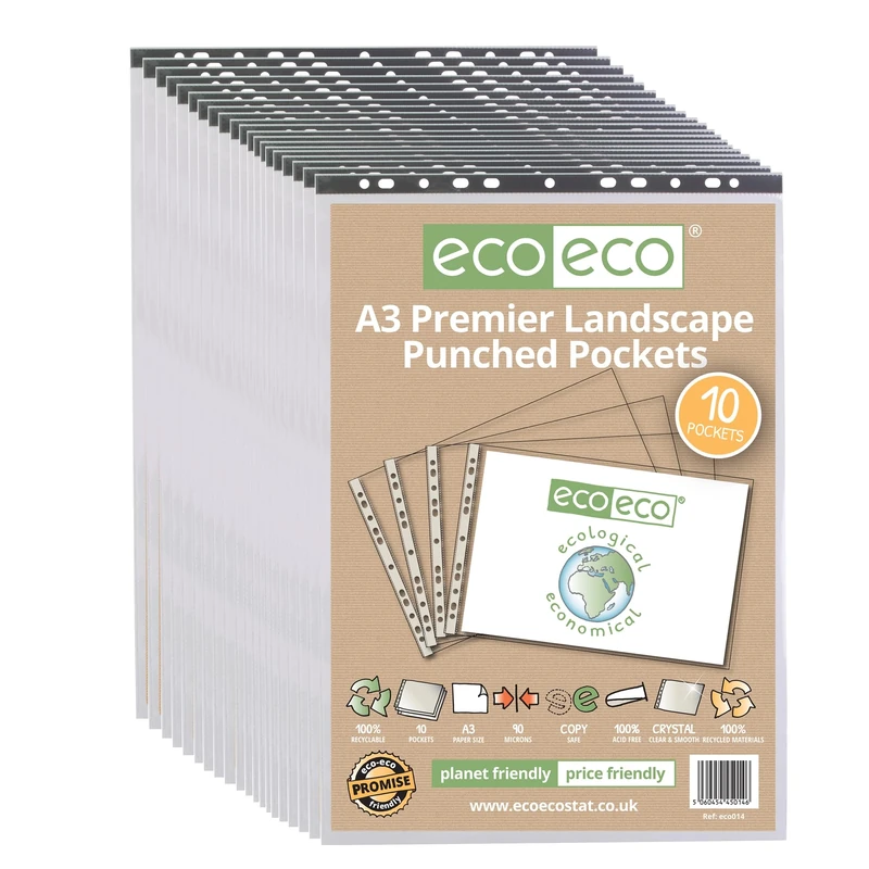 eco-eco A3 Landscape 100% Recycled Premier Multi Punched Pockets Glass Clear, Transparent Poly Wallet Sheet Protector, 90 Microns (Pack of 200), eco014x20