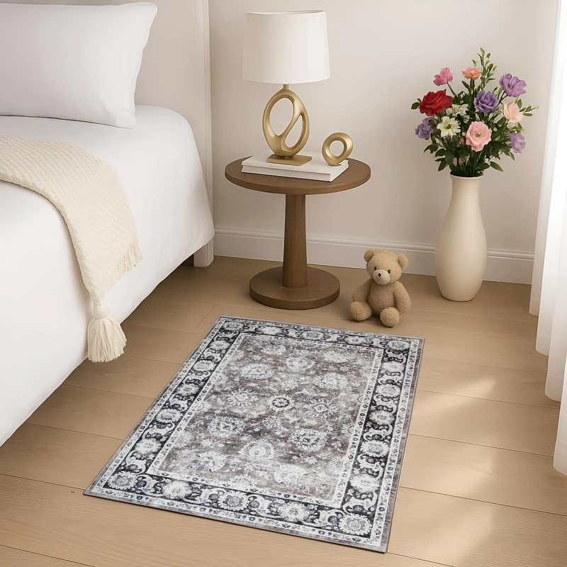 Imperial Rooms Washable Rugs Living Room Small 60x110 cm – Soft Short Pile Brown Area Rugs For Bedroom, Kitchen Non Slip Carpet Bedside Rug Traditional Floral Design Vintage Boho Cashmere Rug, Harmony
