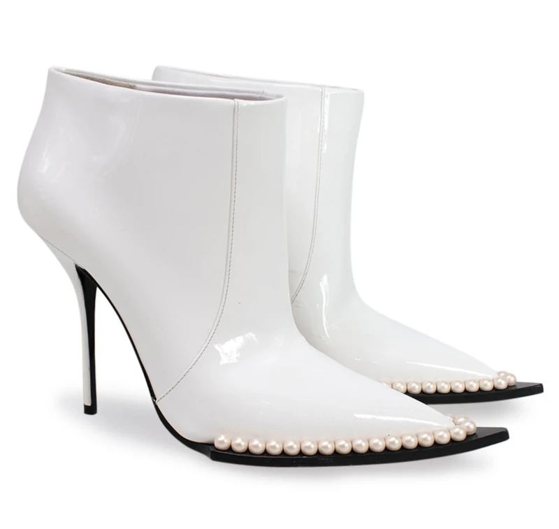 Dolce & Gabbana Pre-Loved White Pearl Studded Cowboy Ankle Boots