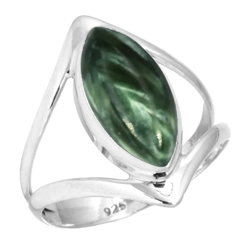 Jeweloporium Green Russian Seraphinite Silver Ring Size S 1/2, 925 Sterling Silver Ring for Women, Natural Marquise Gemstone Boho Jewellery