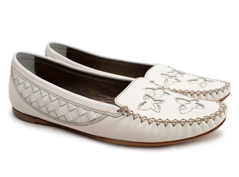 Bottega Veneta Pre-Loved White Intrecciato Laser-Cut Loafers