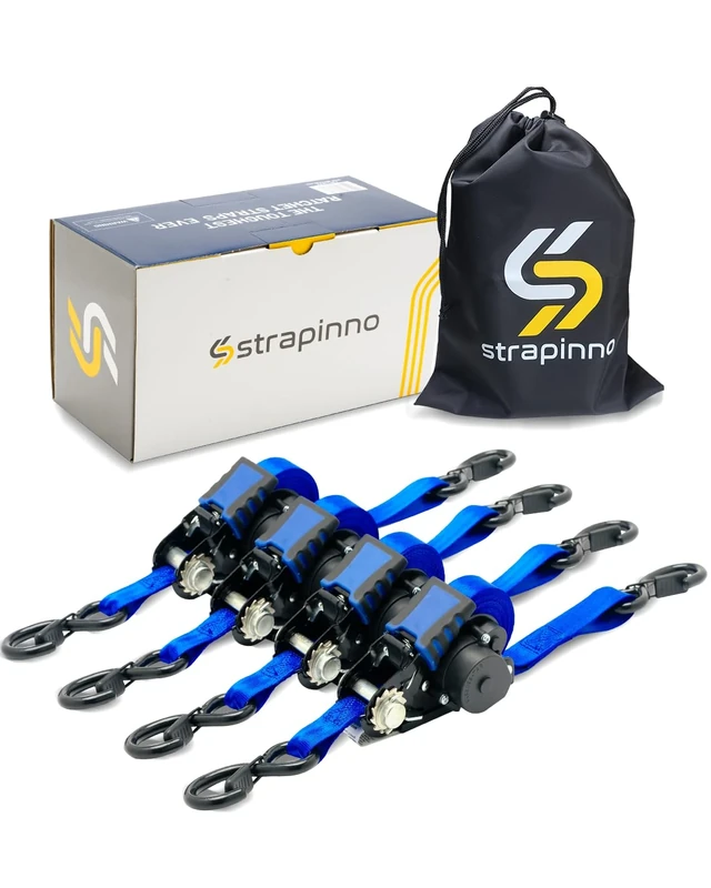 Strapinno Retractable Ratchet Straps - 1 in x 12 ft Heavy Duty Tie Downs, 1800lbs Breaking Strength Each, S Hooks with Safety Clip, AutoRetract, for Moving, Motorcycle, Boat, Kayak, and Cargo (4 PCS)
