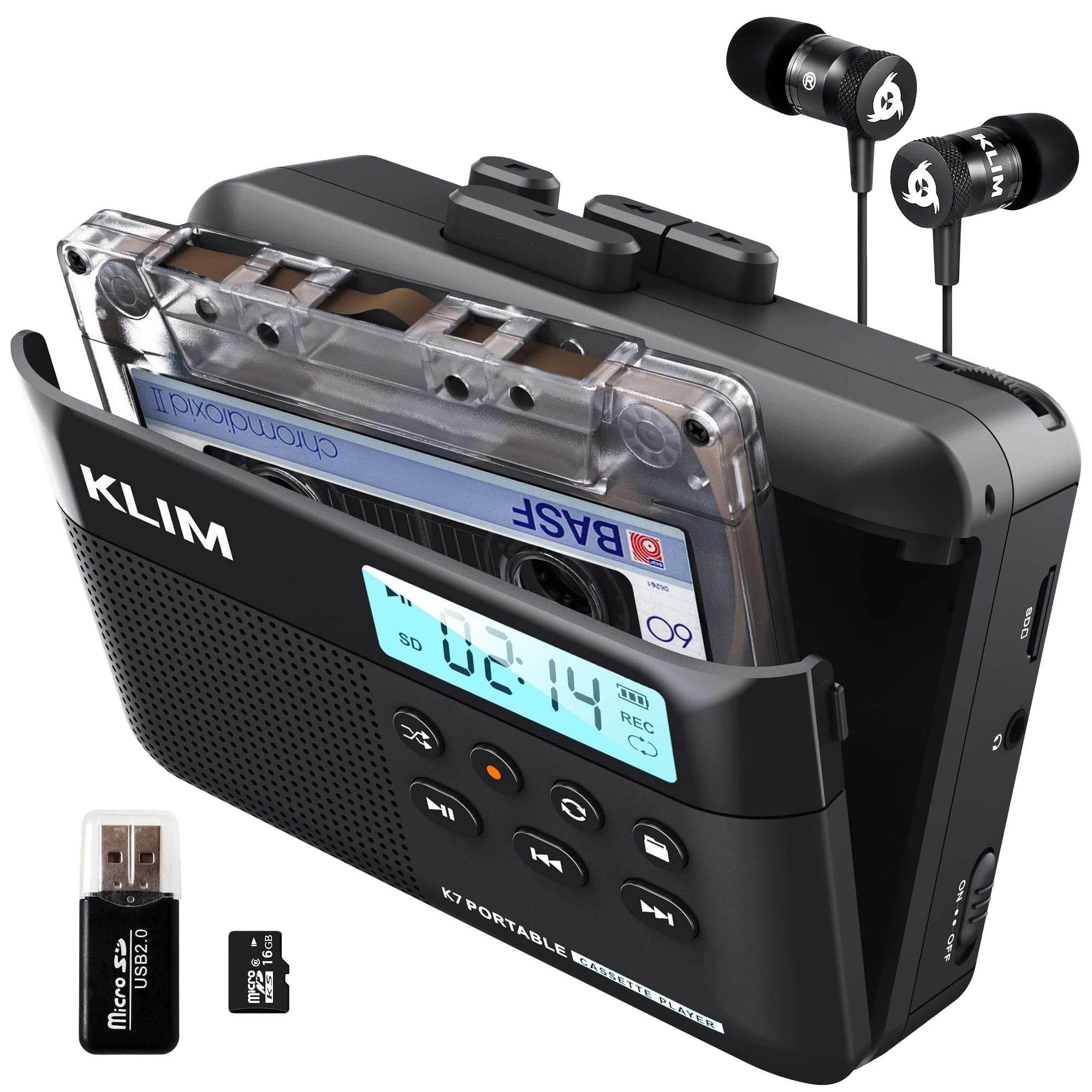 KLIM K7 Cassette Tape Player - Cassette to MP3 Converter - Portable Cassette Player - Tape Recorder with Built-in Microphone & Speaker - Rechargeable Battery - Earphones - 16GB SD Card -Black