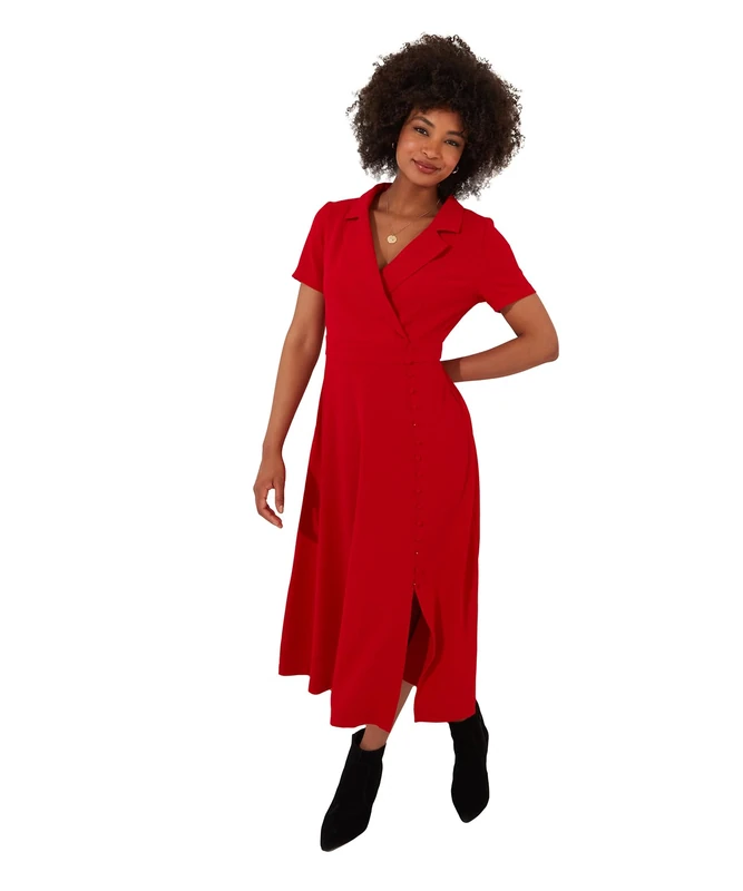 Joe Browns Women's Collared Wrap Front Button Detail Vintage Midi Dress, Red, UK 6