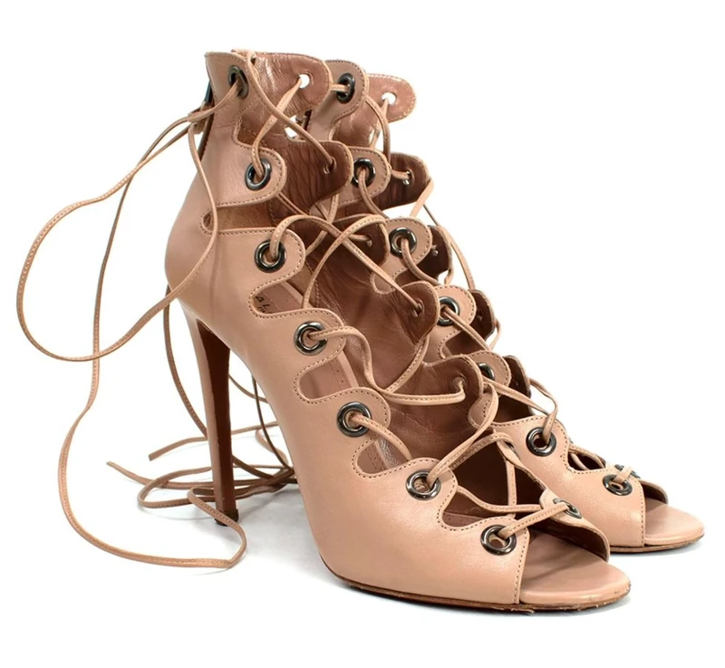 Alaia Pre-Loved Blush Leather Lace-up Sandals