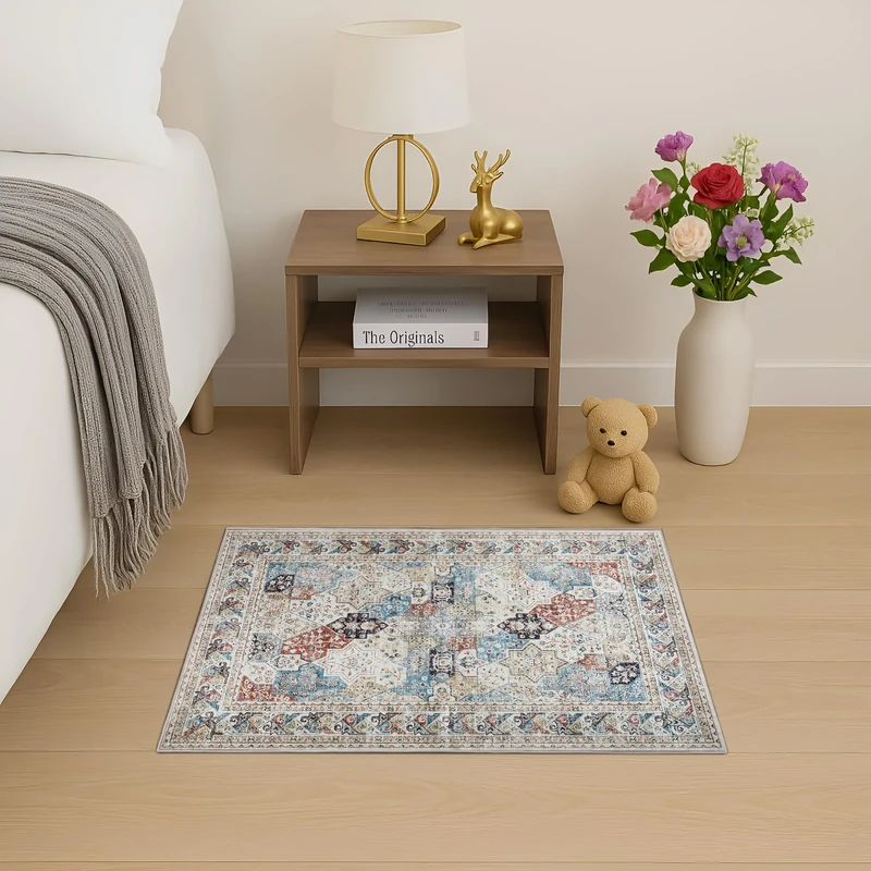 Imperial Rooms Machine Washable Bedside Small Rug 40x60 cm - Soft Short Pile Abstract Area Rugs For Bedroom Entrway Non Slip Floor Carpet Traditional Vintage Cashmere Door Mat For Kitchen, Coastal