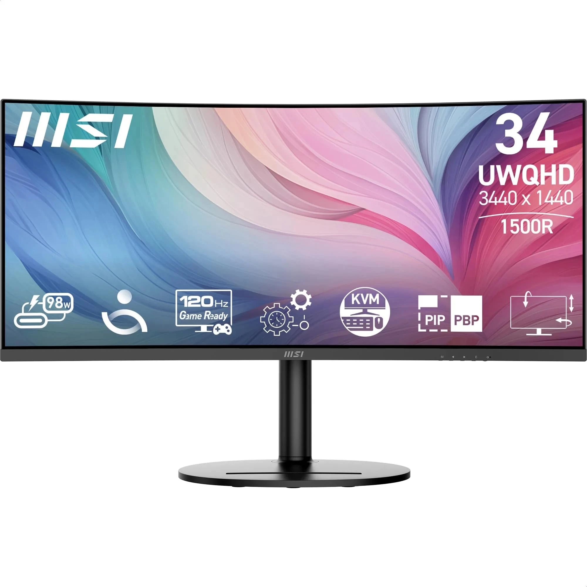 MSI Modern MD342CQP 34 Inch UWQHD 1500R Curved Monitor - 3440 x 1440 VA Panel, KVM, PIP/PBP, Wide Color Gamut, Eye-Friendly Screen, Built-in Speakers, 3-Way Adjustable - HDMI 2.0b, DisplayPort (1.4a)