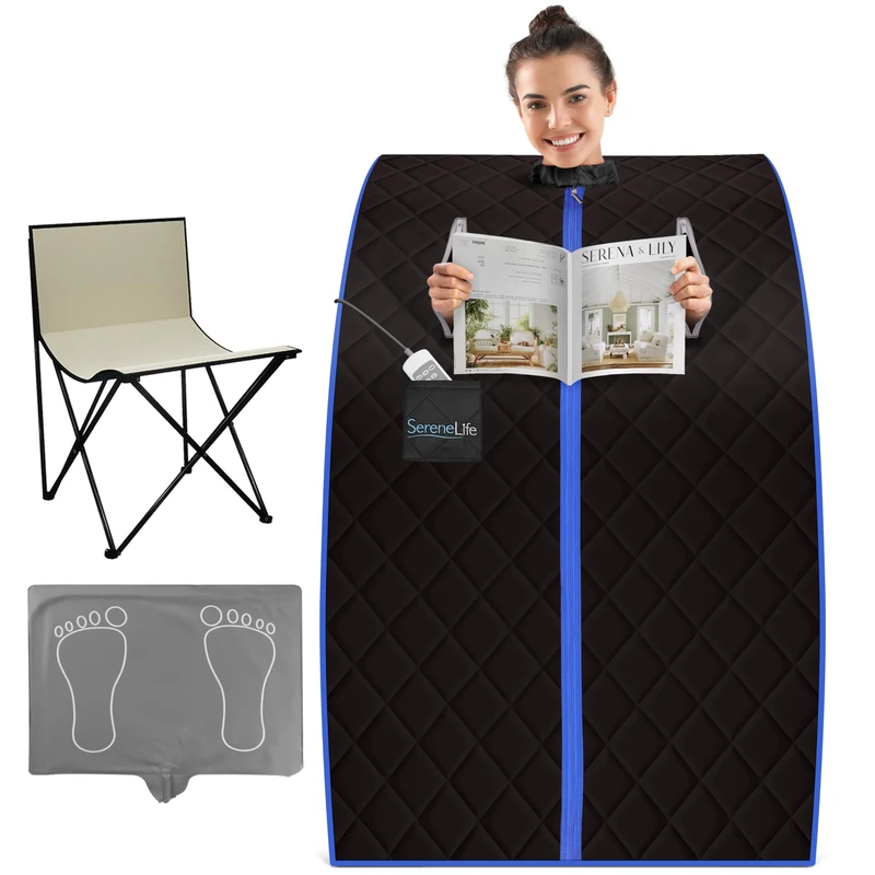 SereneLife Portable Infrared Sauna Tent with Heated Foot Pad and Folding Chair, Compact Personal Rejuvenation Sauna, Remote Control in-Home Spa, 38" x 32” - Black