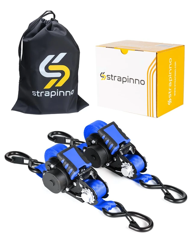 Strapinno Retractable Ratchet Straps - 1 in x 12 ft Heavy Duty Tie Downs, 1800lbs Breaking Strength Each, S Hooks with Safety Clip, AutoRetract, for Moving, Motorcycle, Boat, Kayak, and Cargo (2PCS)