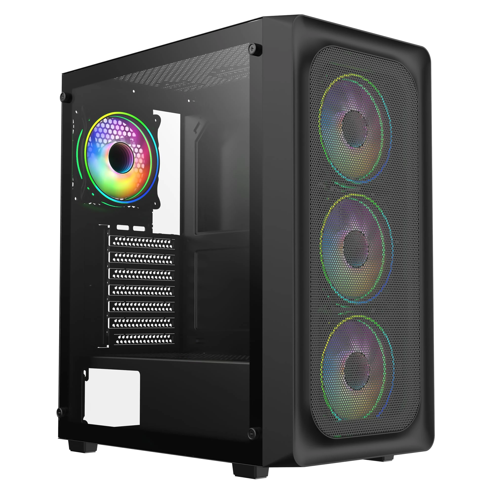 CiT Orion Black Airflow Mid-Tower PC Gaming Case ATX with Front Mesh Front Panel & Tempered Glass Side Panel with 4 x CiT Tornado Infinity 120mm ARGB Dual-Ring Fans Included