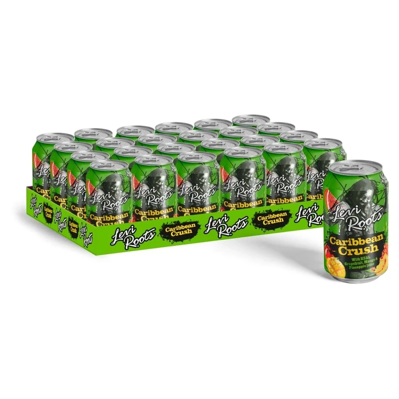 Levi Roots Caribbean Crush – Sparkling Fruit Juice Drink – Grapefruit, Mango & Pineapple – 24 x 330ml Cans – Vegetarian – Tropical Flavour – Party & Vending Pack