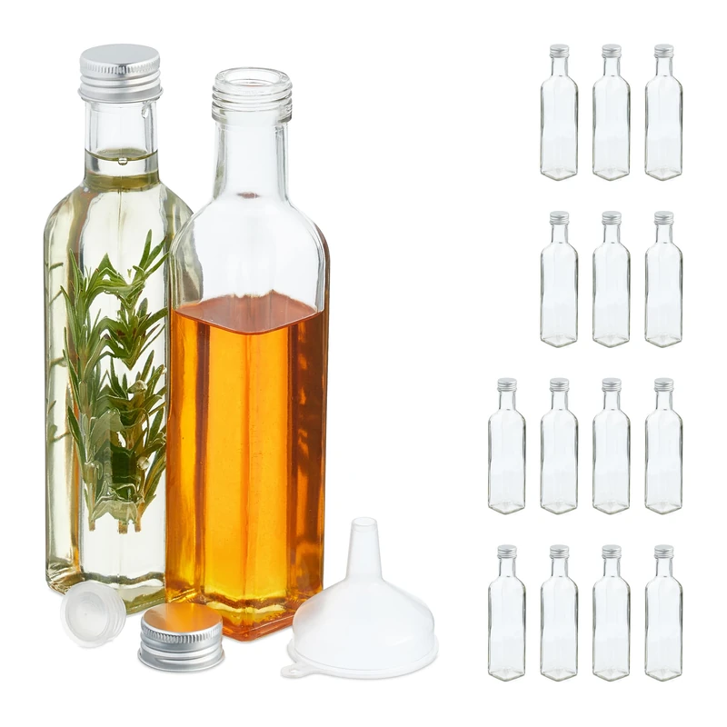 Relaxdays, Filling, Set of 16, Empty Glass, Liqueur & Oil, Juice Bottles, 250 ml, Transparent, 22 x 4.5 x 4.5 cm