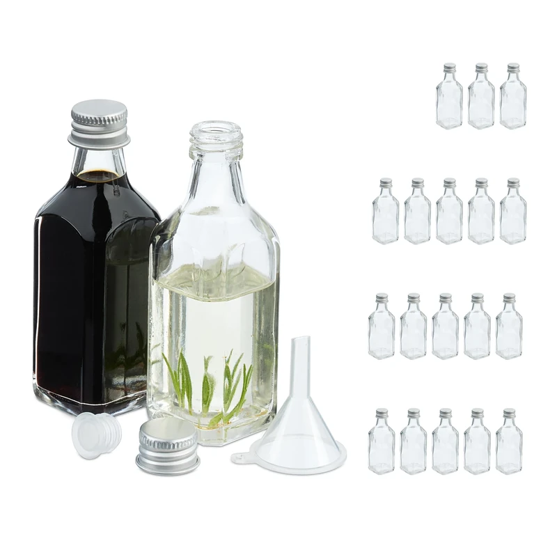 Relaxdays Small, Set of 20, 50 ml, Glass Bottles for Filling, Screw Cap & Cork, Transparent/Silver, Iron, 10 x 3.5 x 3.5 cm