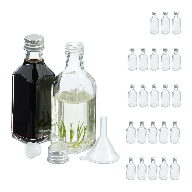 Relaxdays Small Bottles, Set of 25, 50 ml, Glass Bottles for Filling, Liqueur, Oil, Screw Cap & Cork, Transparent/Silver