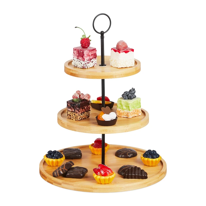 Relaxdays Etagere, 3 Tiers, Bamboo, Cake, Snacks, Fruit, Metal Handle, Serving Stand, H x Ø: 36 x 28 cm, Natural/Black, 36 x 28 x 28 cm
