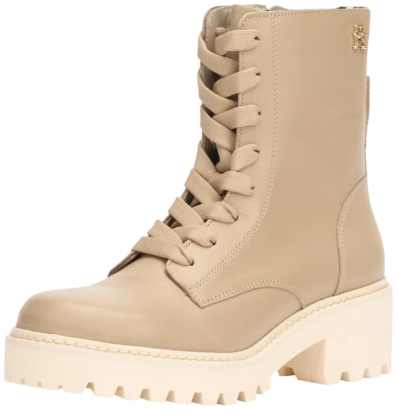Tommy Hilfiger Women's Chic Mid Heel Leather Lace-up Boots, Beige (Beige), 3,5