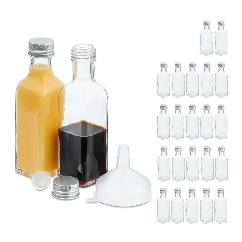 Relaxdays Small, Set of 24, 50 ml, Glass Filling, Screw Cap & Cork, Mini Bottles, Transparent/Silver, Stainless steel, 14 x 4 x 4 cm