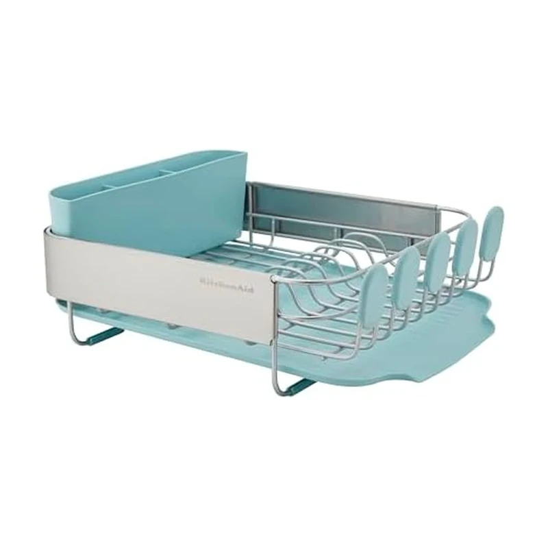 KitchenAid Compact Space Saving Rust Resistant Dish Rack with Removable Flatware Caddy and Angled Self Draining Drainboard, 12.63 x 15.87 x 5.54 Inch, Mineral Water