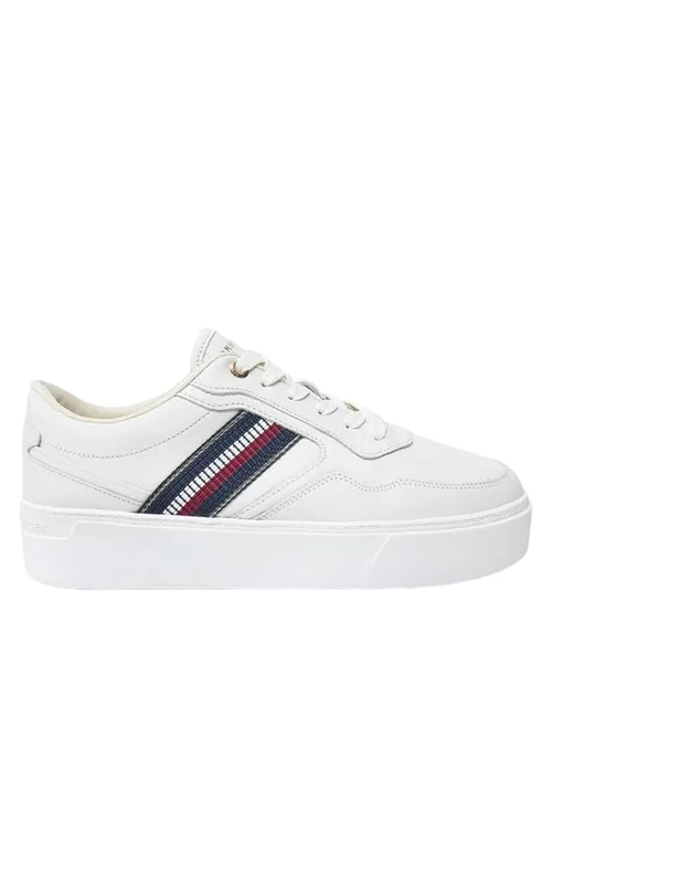 Tommy Hilfiger Women's Stripes Leather Flatform Trainers, White (Ecru), 7