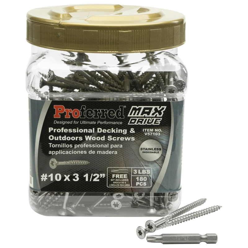 Proferred MAX Drive Professional Decking & Outdoor Wood Screws, Stainless Steel, 10 X 3-1/2", 6 Lobe 25 Drive (3 LBS, 180 pcs with 1 Bit in Jar), V57103