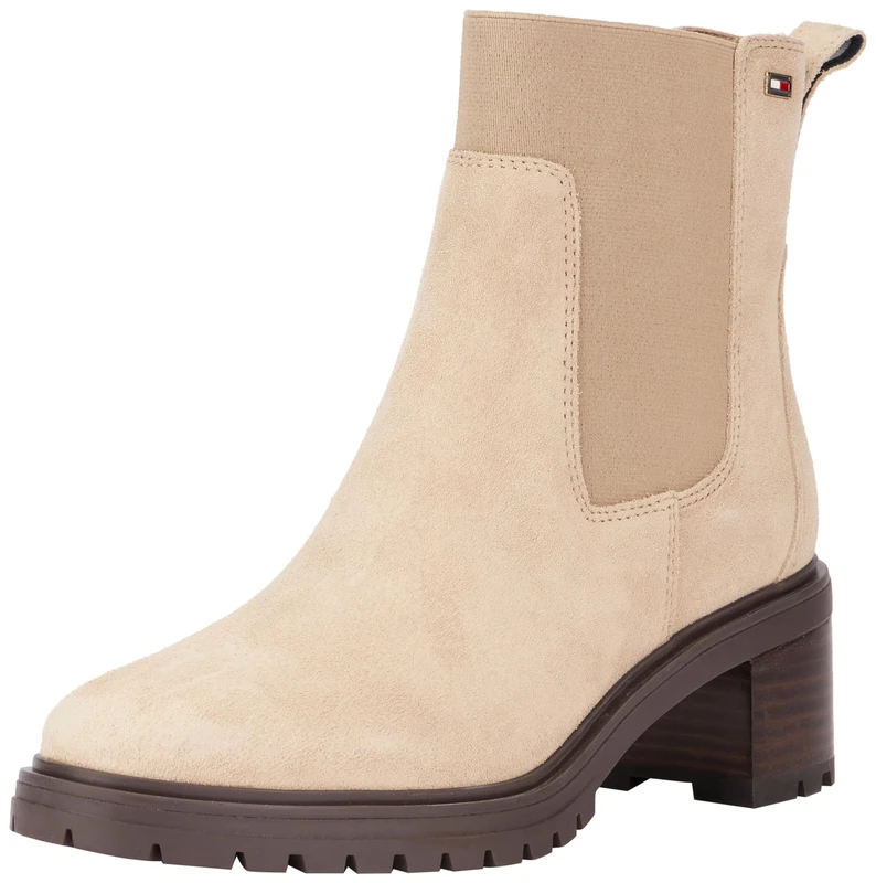 Tommy Hilfiger Women’s Flag Mid Heel Suede Chelsea Boots, Beige (Beige), 3,5