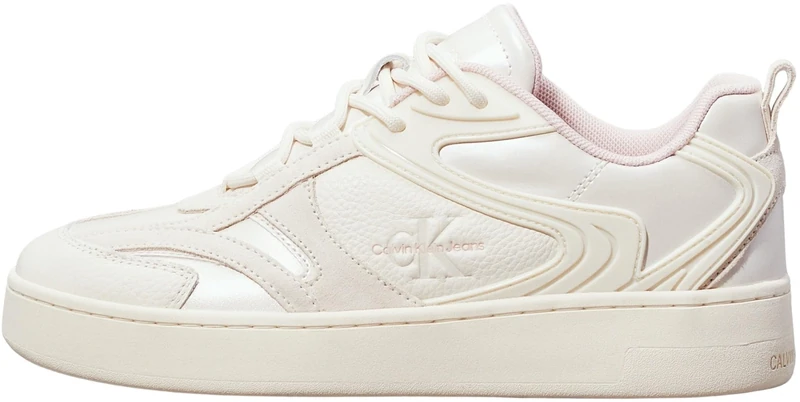 Calvin Klein Women's Basket Low Top Pearlescent Cupsole Trainers, Beige (Creamy White/Peach Whip), 6