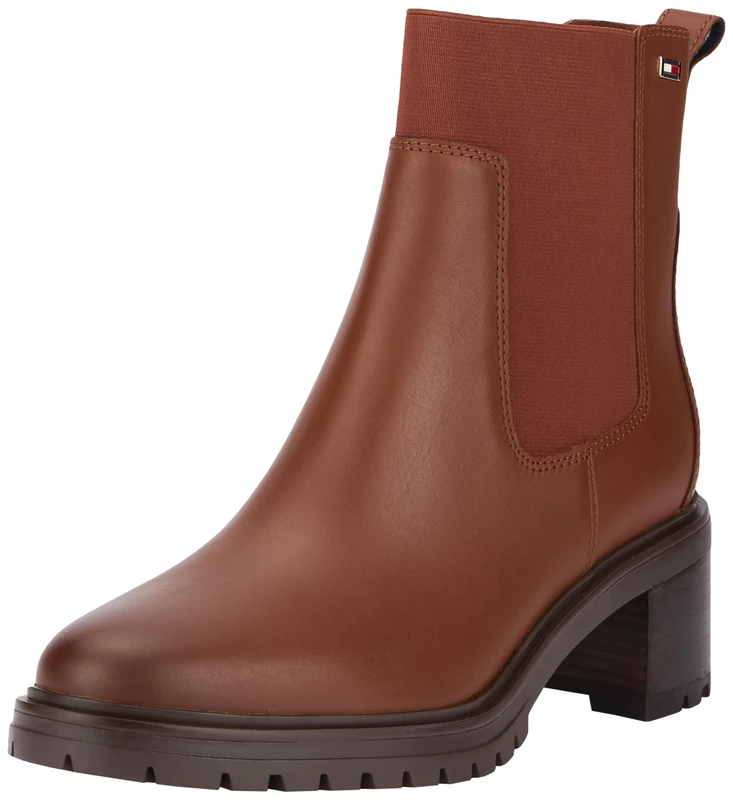 Tommy Hilfiger Women’s Mid Heel Leather Chelsea Boots, Brown (Cognac Brown), 7