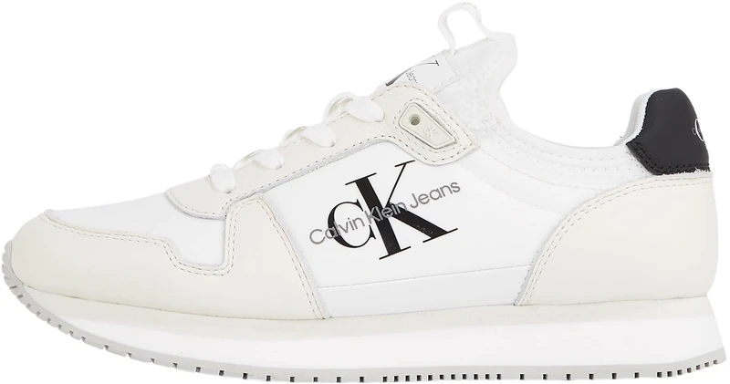 Calvin Klein Women's Leather Lace Up Runner Sock Trainers, White (Bright White/Black), 8