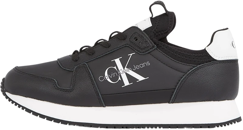 Calvin Klein Women's Leather Lace Up Runner Sock Trainers, Black (Black/Bright White), 4
