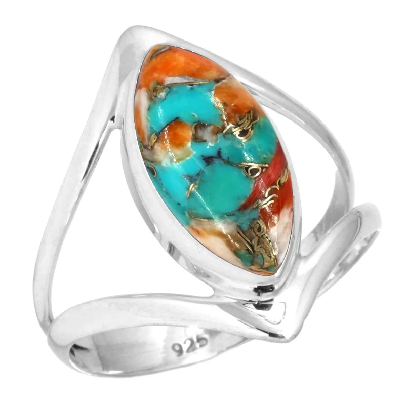 Jeweloporium Multicolor Spiny Oyster Silver Ring Size Q, 925 Sterling Silver Ring for Women, Genuine Marquise Stone Handmade Jewellery