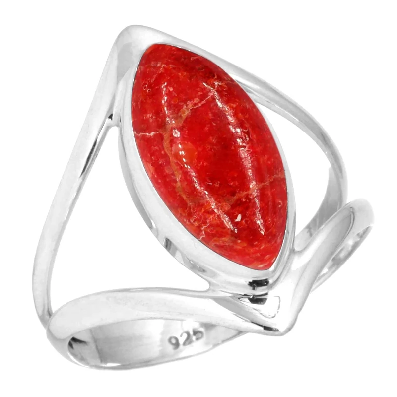 Jeweloporium Red Sponge Coral Silver Ring Size Y, 925 Sterling Silver Ring for Women, Genuine Marquise Gemstone Boho Jewellery