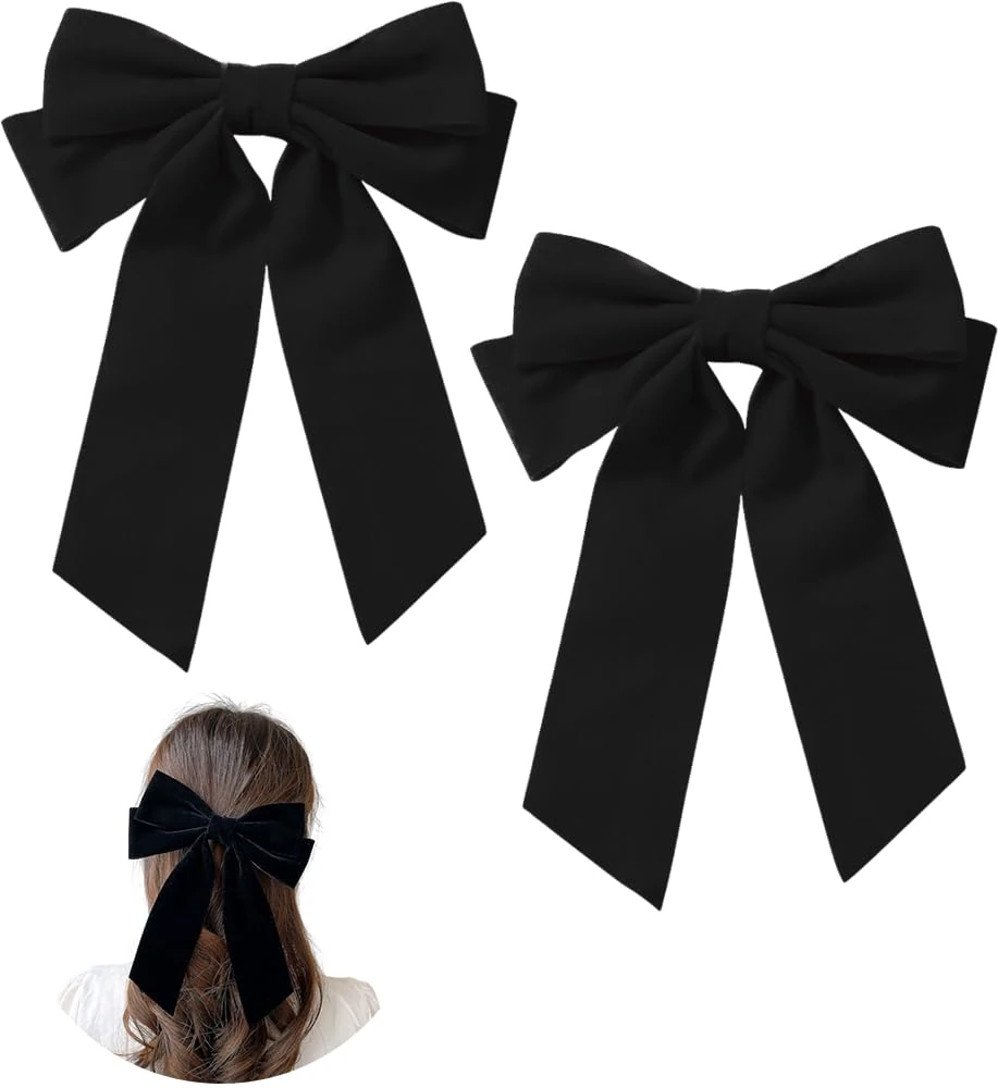 ZEVONDA Pack of 2 Big Bow Hair Clips - Solid Color Velvet Large Bowknot Hairpin Hair Clip with Long Tail Hair Barrettes Accessories for Girls Women, Black * 2