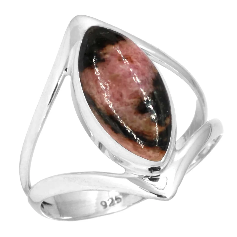 Jeweloporium Pink Rhodonite Silver Ring Size M 1/2, 925 Sterling Silver Ring for Women, Genuine Marquise Stone Boho Jewellery