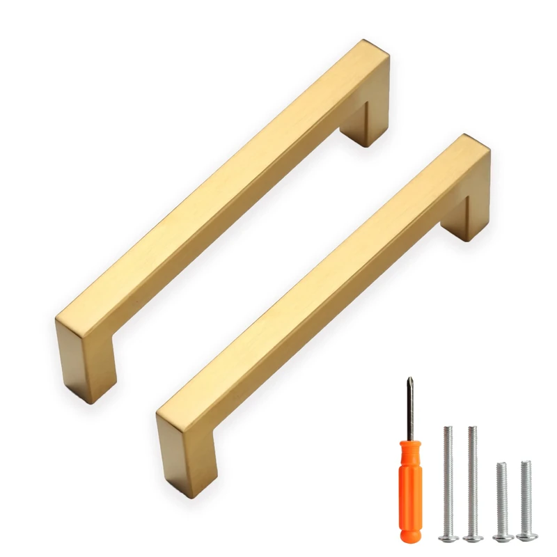 Redunest Cabinet Pulls Gold Cabinet Handles Square Drawer Pulls, 50 Pack 5 Inch Stainless Steel Kitchen Door Cupboard Cabinet Handles, Drawer Hardware Handles, 128mm Hole Centers