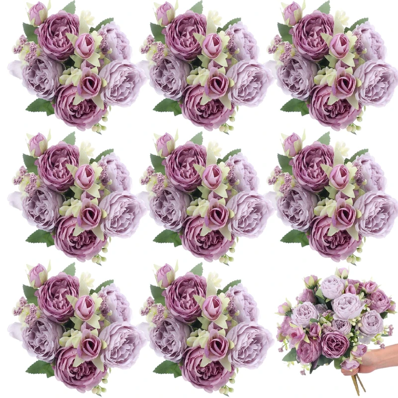 Yuxung 8 Bundles Artificial Peonies Silk Flowers Boho Fake Flowers Faux Flower Arrangements Artificial Centerpiece Spring Bouquet Flowers Artificial Wedding Decoration for Vase (Purple)