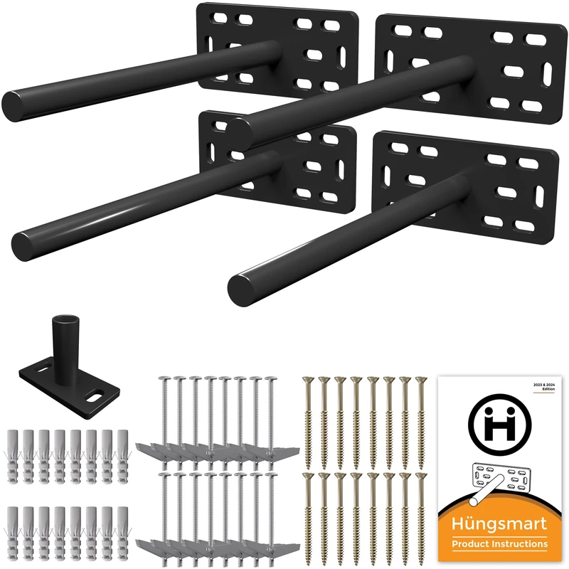 Hungsmart (Set of 4) 4"x5"x2" XL Heavy Duty Floating Shelf Brackets for DIY Shelf- Premium Floating Shelves Hardware for Wall Mounting - Ideal Shelf Bracket for Enhanced Home Decor (10 inch Rod) BLACK