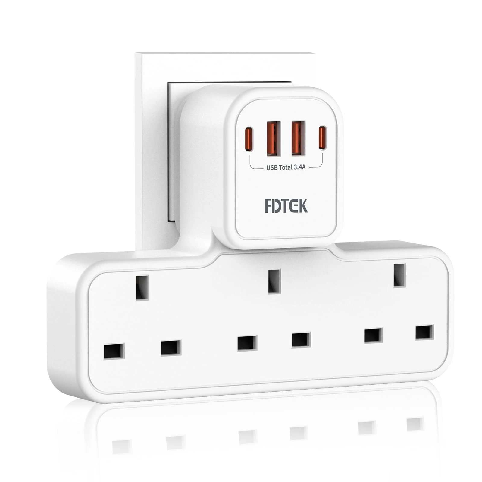 FDTEK 4 USB Extension Socket with 2 USB-C, 3 Gang Plug Adaptor with Surge/Child Protection, 13A 3250W UK Multi Plug Socket for Phone, Tablet, Home, Office