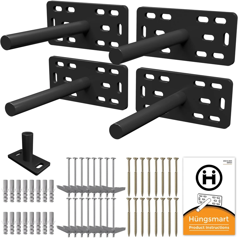 Hungsmart 4x5x2 XL Heavy Duty Floating Shelf Brackets - Premium Hardware for Wall Mounting in Black (6 inch Rod, Mild Steel, 300 Lbs Capacity, Set of 4)