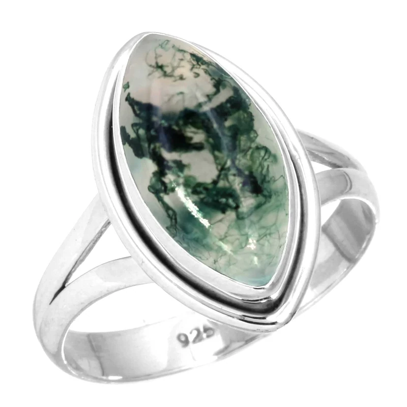 Jeweloporium Green Moss Agate Silver Ring Size K 1/2, 925 Sterling Silver Ring for Women, Real Marquise Gemstone Boho Jewellery - Image 1