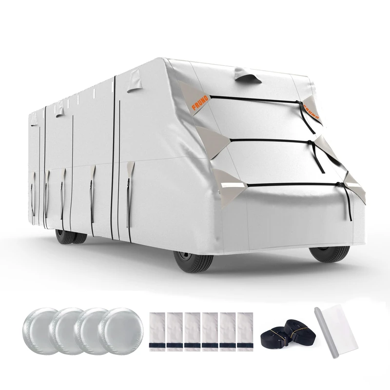 FRUNO Oxford Cloth Class C RV Cover Fits 23'-26' Waterproof Rip-Resistant Anti-UV Motorhome Camper Cover for Winter Snow with Jack Cover 4 Tire Covers and Gutter Covers