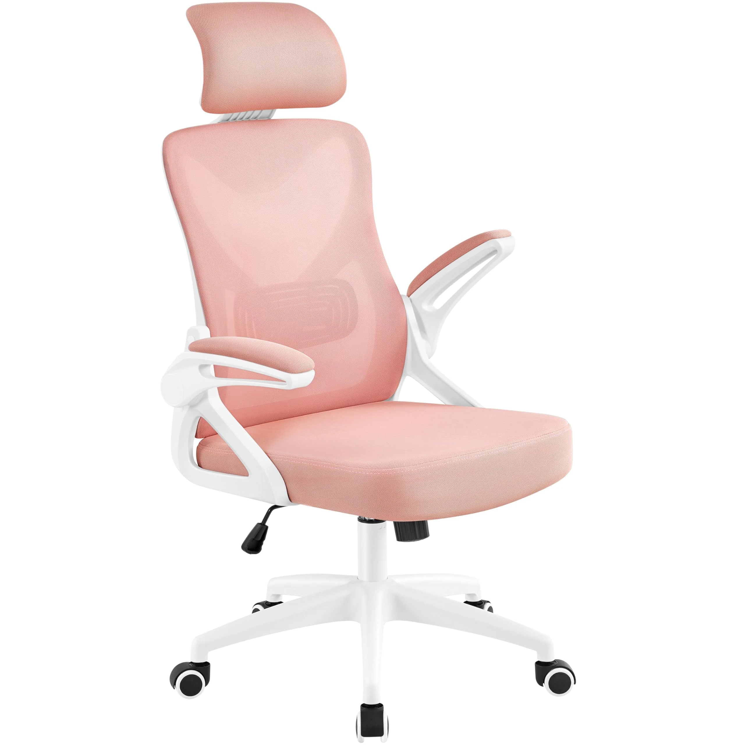Yaheetech High Back Home Office Chair Ergonomic Swivel Desk Chair with Arms and Height Adjustable Back Support for Home Study or Manager Work White/Pink